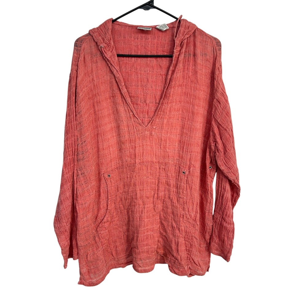 Chicos Linen Hooded‎ Pullover Tunic Size 3 (XL) Coral Gauze Coastal Resort Top